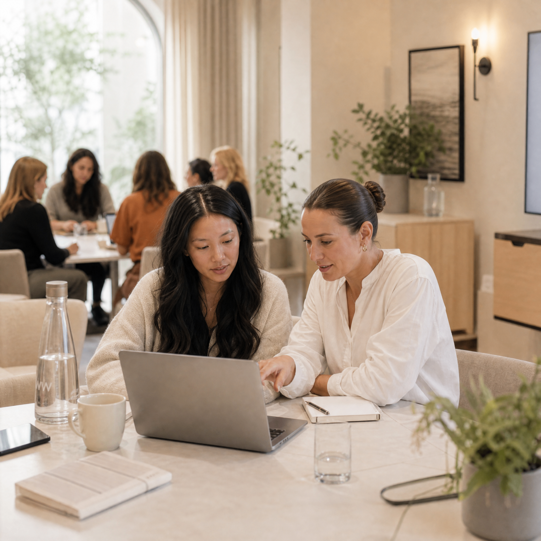 A Raise Her alumna working on her laptop in a bright workspace
